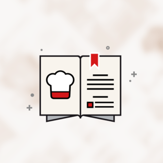 Illustration of an open book with a chef hat icon and a red bookmark.